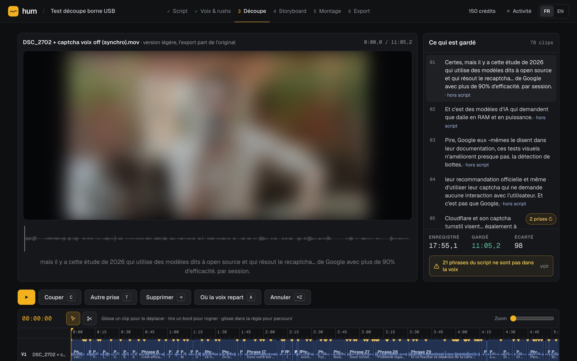 L'écran Découpe : la vidéo, la liste des phrases gardées, et la timeline des prises.